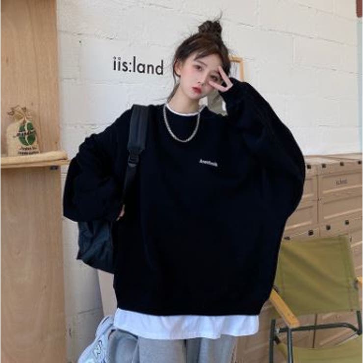 薄手重ね着風ロゴ刺繍BIGトレーナー 韓国ファッション