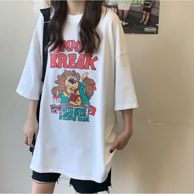 クマプリントビックシルエット古着風プリントTシャツ 韓国系 ティ