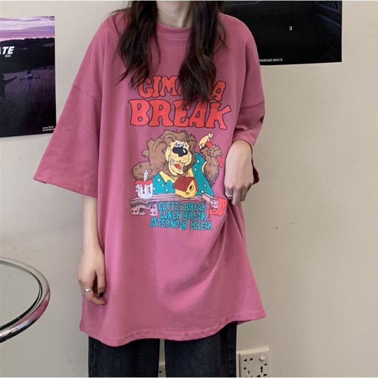 クマプリントビックシルエット古着風プリントTシャツ 韓国系 ティ