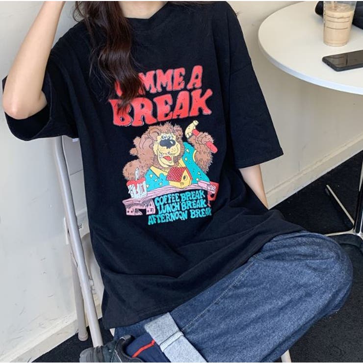 クマプリントビックシルエット古着風プリントTシャツ 韓国系 ティ