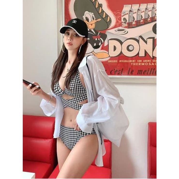 フロントクロス千鳥柄ビキニ/ギャル/水着/セットアップ[品番