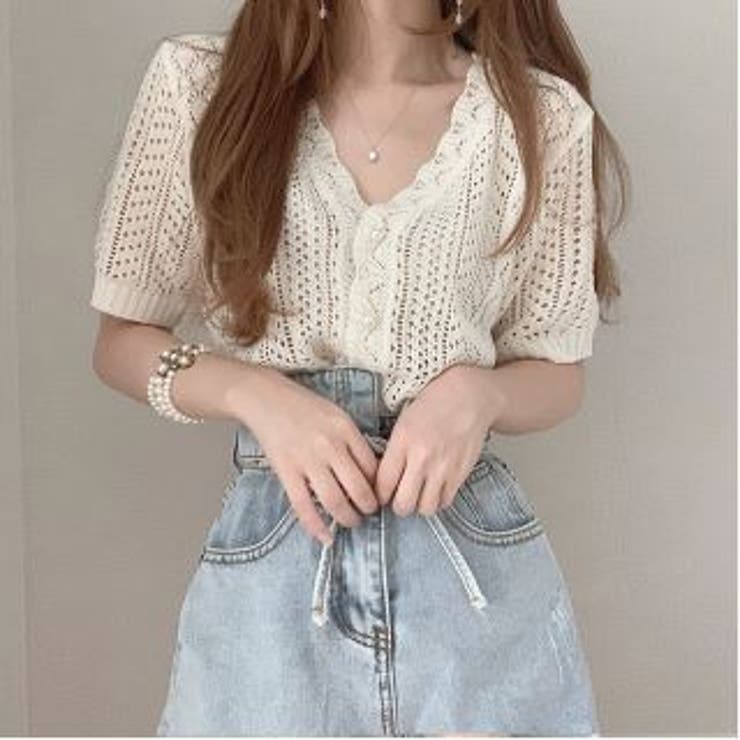36サイズ♡定番大人気♡ パールボタン半袖ニットカーディガン Futier Land カーディガン 華奢に見える大人かわいいニット