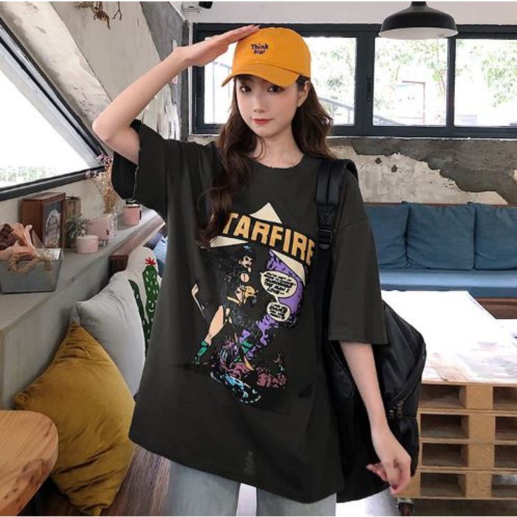 アメコミプリントＴシャツ オーバーサイズ 韓国ファッション[品番