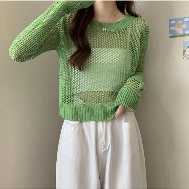 ニットトップス ショート丈 レディース non-hedge ニット セーター 透かし編みショート丈ニットトップス