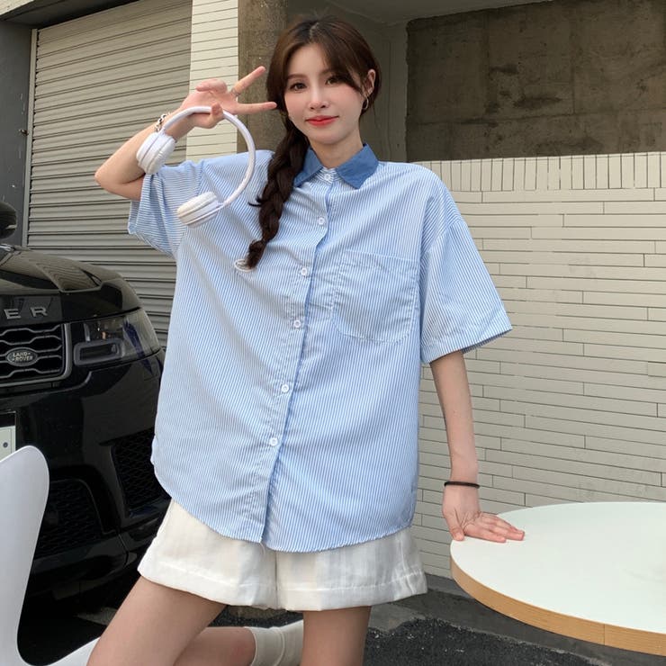 夏 韓国スタイル ストライプ シャツ カジュアル 2点セット 2colors/ユニセックス オーバーサイズ ストライプ シャツ 韓国
