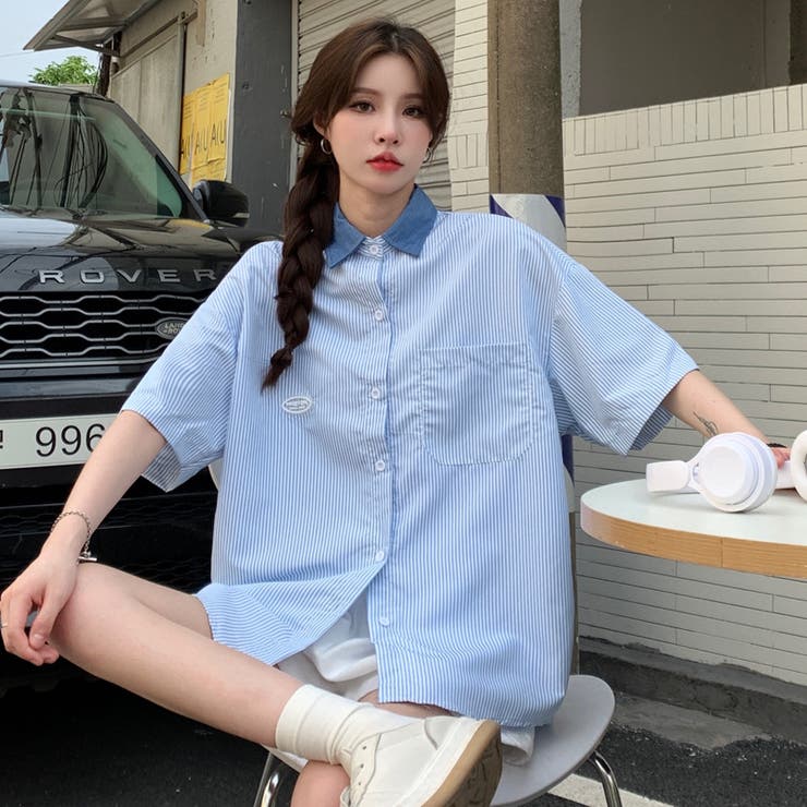 襟デニムストライプシャツ 半袖シャツ 夏 韓国ファッション