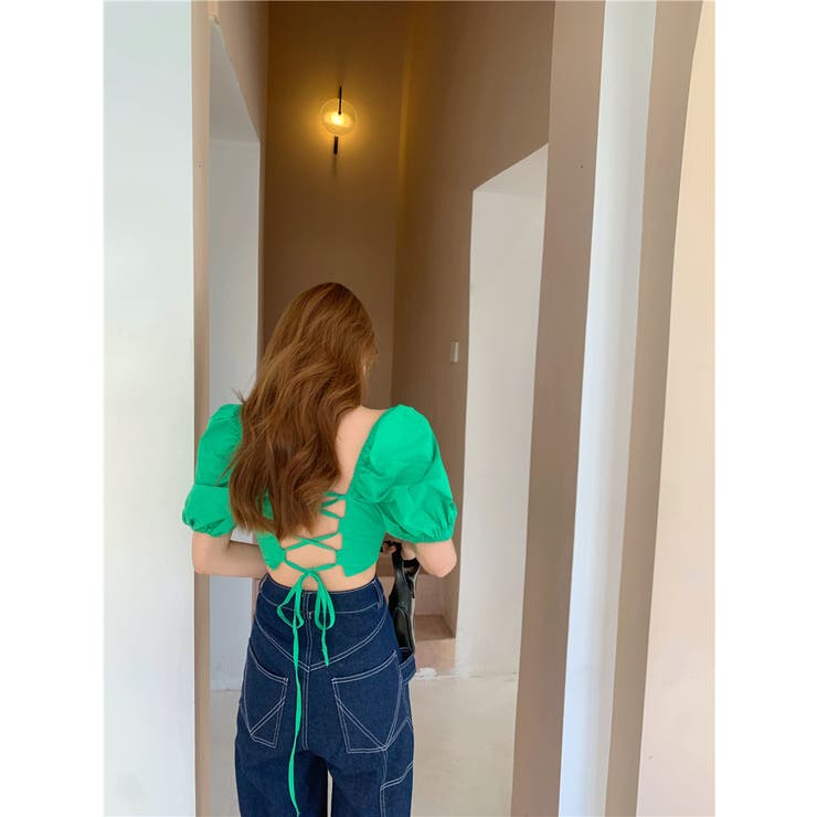 d.i.a5ネイビー七分 トップス背中見せ 背中見せセクシートップス/韓国ファッション[品番：LPSW0009287