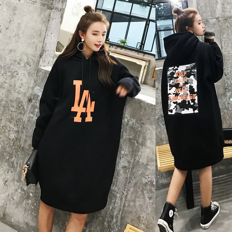 ロゴプリントパーカーワンピース 裏起毛 ロング丈 | LETee | 詳細画像3 