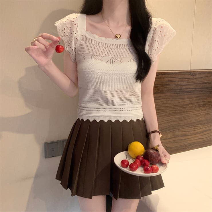 WHITE | すかし編み＆レース袖ニットプルオーバー | LETee