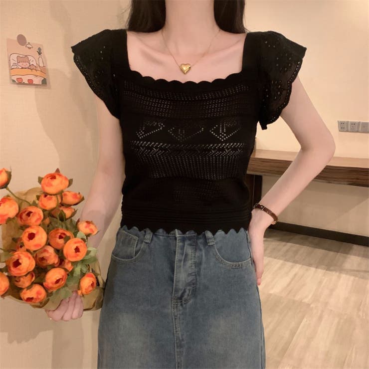 BLACK | すかし編み＆レース袖ニットプルオーバー | LETee