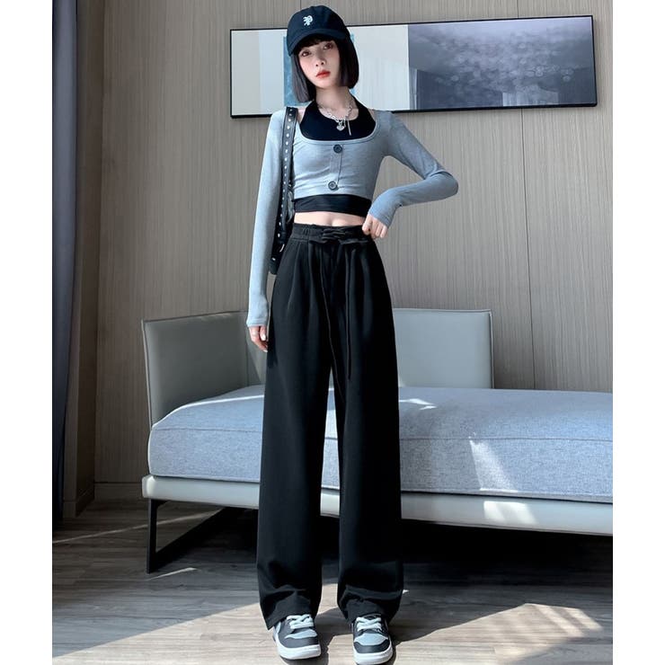 BLACK | ウエストレースアップパンツ | LETee