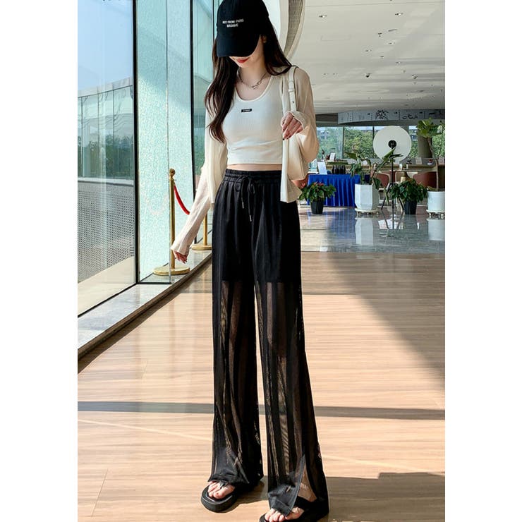 BLACK | ストライプメッシュロングパンツ | LETee
