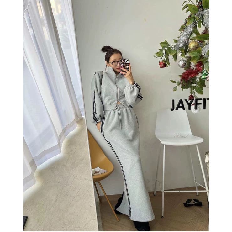 サイドラインロングスカート＆袖ラインダブルジップジャケット セットアップ | LETee | 詳細画像3 