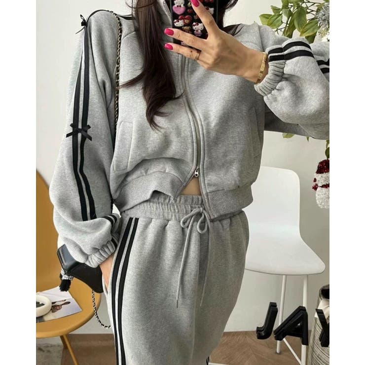 GREY | サイドラインロングスカート＆袖ラインダブルジップジャケット セットアップ | LETee