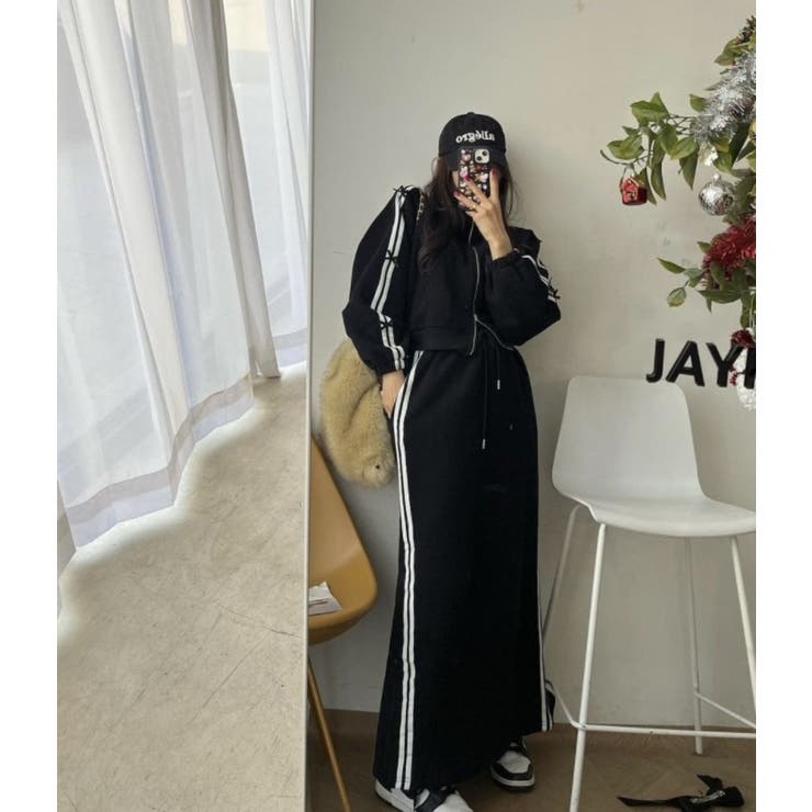 サイドラインロングスカート＆袖ラインダブルジップジャケット セットアップ | LETee | 詳細画像4 