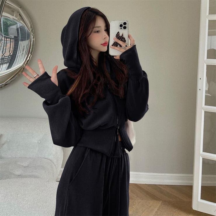 BLACK | スウェットパンツ＆サムホールスリーブジップパーカーセット/セットアップ | LETee