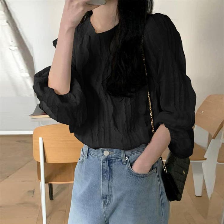 BLACK | フリル織柄ブラウス/ボリューム袖/袖口ゴム | LETee