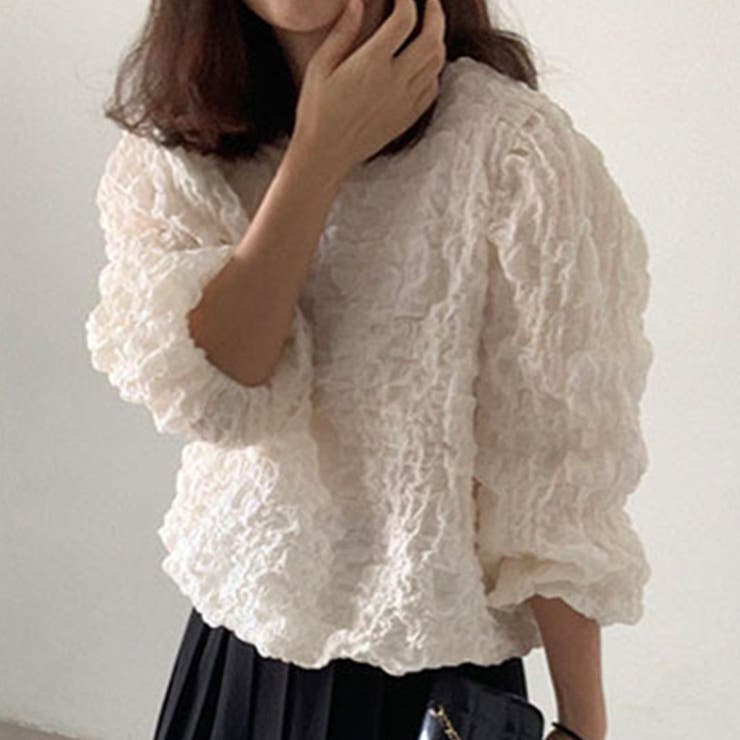 WHITE | ワッフル風変わり織プルオーバーブラウス/袖口ゴム/ボリューム袖 | LETee