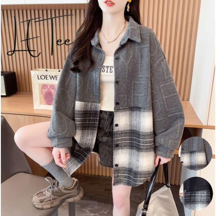 異素材ドッキングビッグシャツ/チェック柄/英字ジャカード | LETee | 詳細画像1 