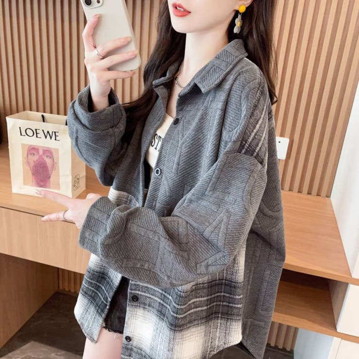 異素材ドッキングビッグシャツ/チェック柄/英字ジャカード | LETee | 詳細画像3 