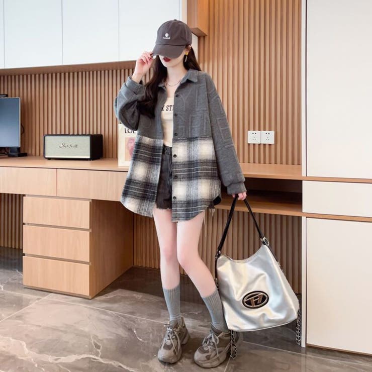 異素材ドッキングビッグシャツ/チェック柄/英字ジャカード | LETee | 詳細画像4 