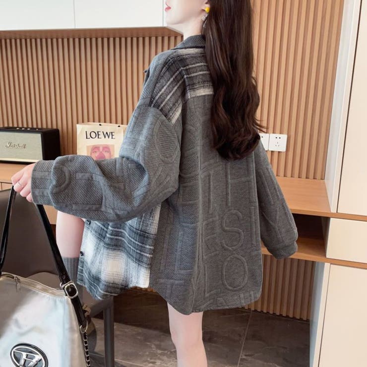 異素材ドッキングビッグシャツ/チェック柄/英字ジャカード | LETee | 詳細画像5 