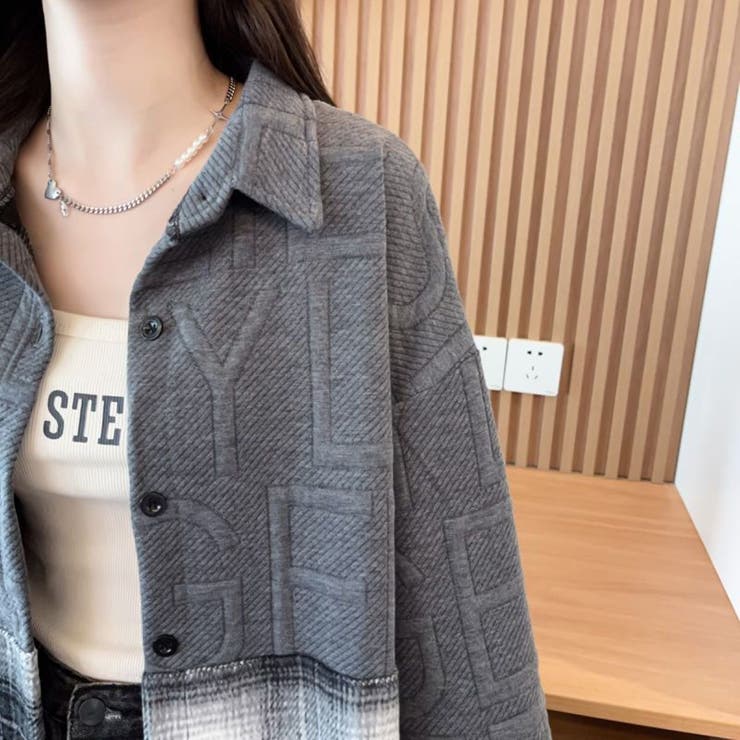 異素材ドッキングビッグシャツ/チェック柄/英字ジャカード | LETee | 詳細画像6 