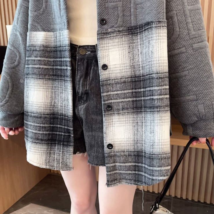 異素材ドッキングビッグシャツ/チェック柄/英字ジャカード | LETee | 詳細画像7 