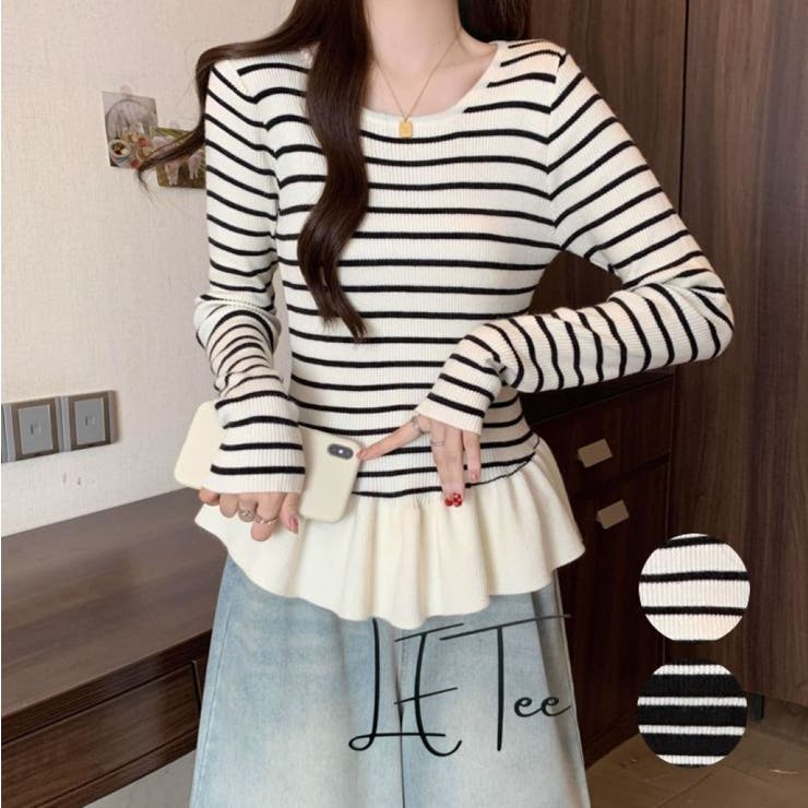 WHITE | ボーダーニットプルオーバー/裾フリル/ペプラム | LETee