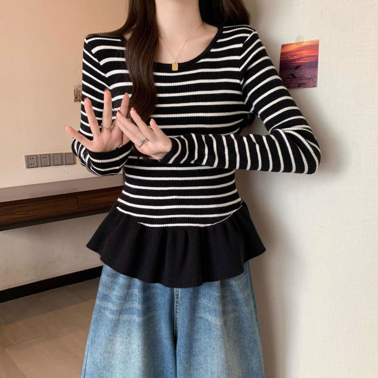 ボーダーニットプルオーバー/裾フリル/ペプラム | LETee | 詳細画像15 