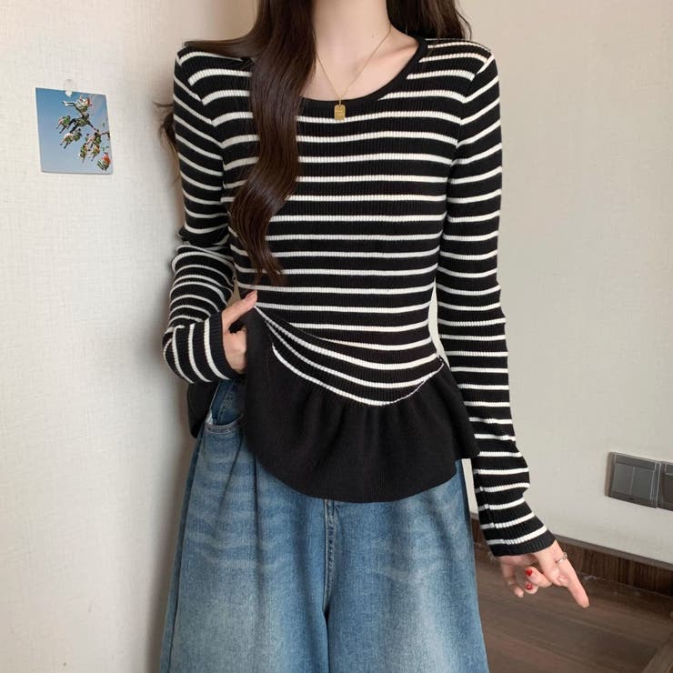 BLACK | ボーダーニットプルオーバー/裾フリル/ペプラム | LETee