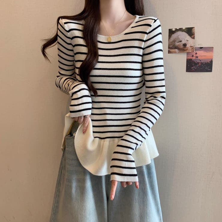 ボーダーニットプルオーバー/裾フリル/ペプラム | LETee | 詳細画像1 