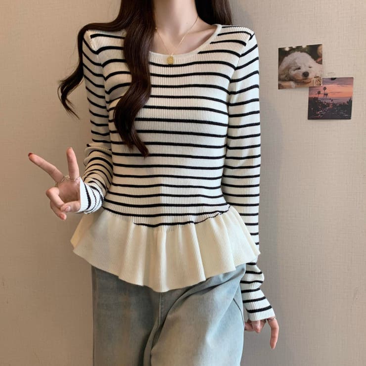 ボーダーニットプルオーバー/裾フリル/ペプラム | LETee | 詳細画像2 