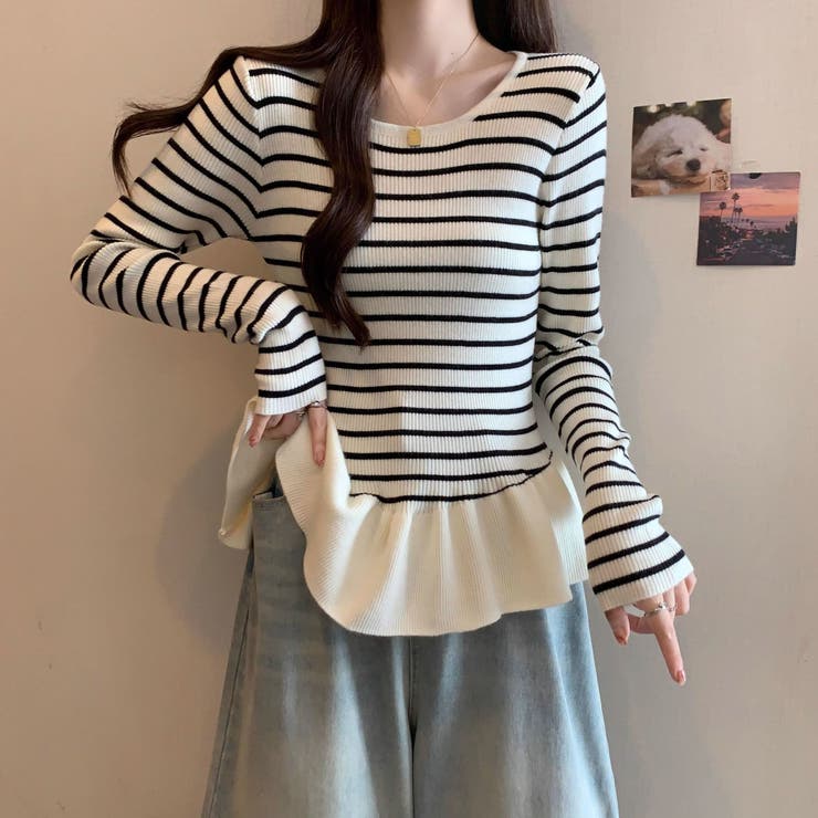 ボーダーニットプルオーバー/裾フリル/ペプラム | LETee | 詳細画像4 