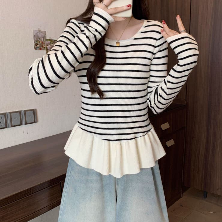 ボーダーニットプルオーバー/裾フリル/ペプラム | LETee | 詳細画像5 