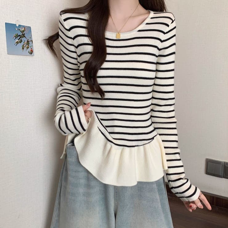 ボーダーニットプルオーバー/裾フリル/ペプラム | LETee | 詳細画像6 