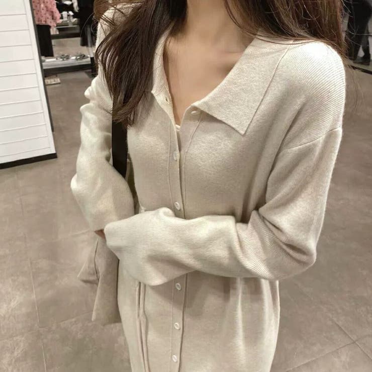 前開きえり付きニットワンピース/ストリングベルト | LETee | 詳細画像1 