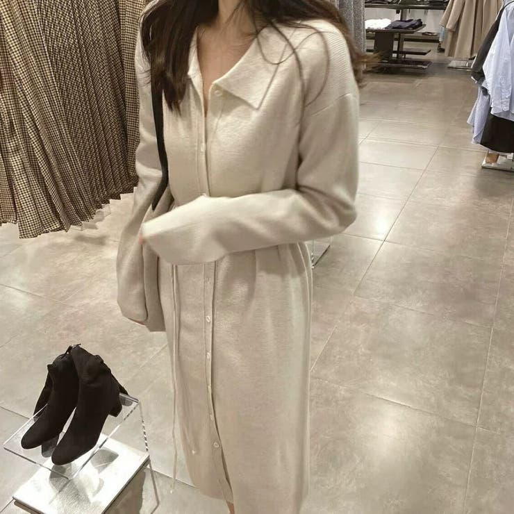 前開きえり付きニットワンピース/ストリングベルト | LETee | 詳細画像2 