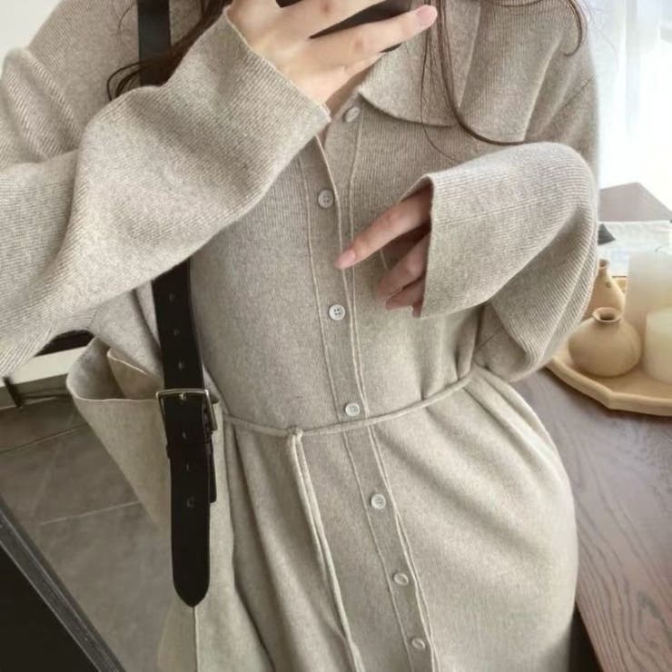 前開きえり付きニットワンピース/ストリングベルト | LETee | 詳細画像3 