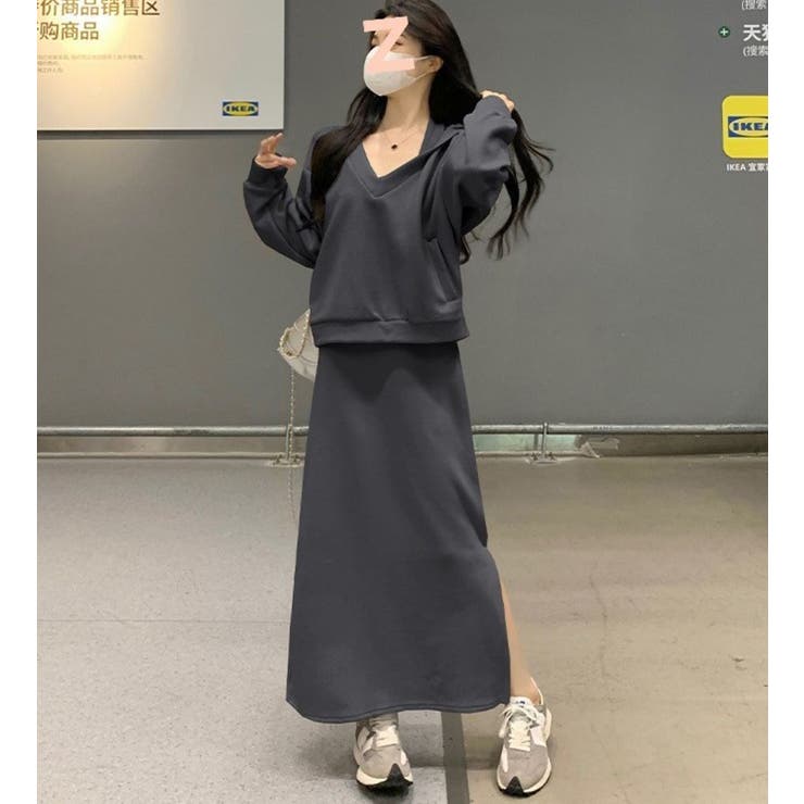 GREY | ホルターネックワンピース＆Vプルオーバーセットアップ/裾スリット | LETee