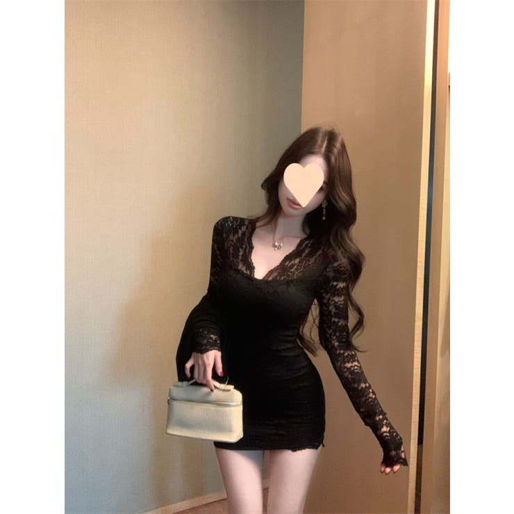 BLACK | レースミニワンピース/Vネック/肩袖シースルー | LETee