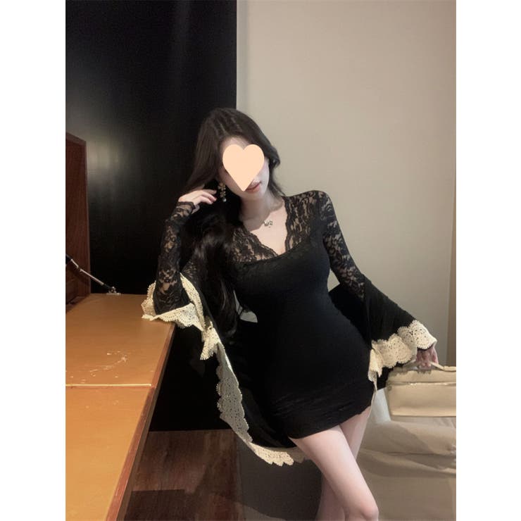 レースミニワンピース/Vネック/肩袖シースルー | LETee | 詳細画像3 