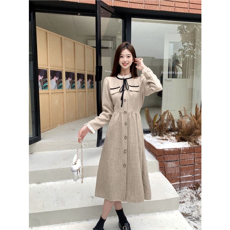 前ボタンスタンドカラーワンピース/リボン/袖＆衿フリル/見せポケ | LETee | 詳細画像1 