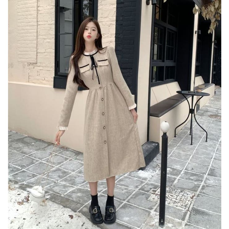 前ボタンスタンドカラーワンピース/リボン/袖＆衿フリル/見せポケ | LETee | 詳細画像2 