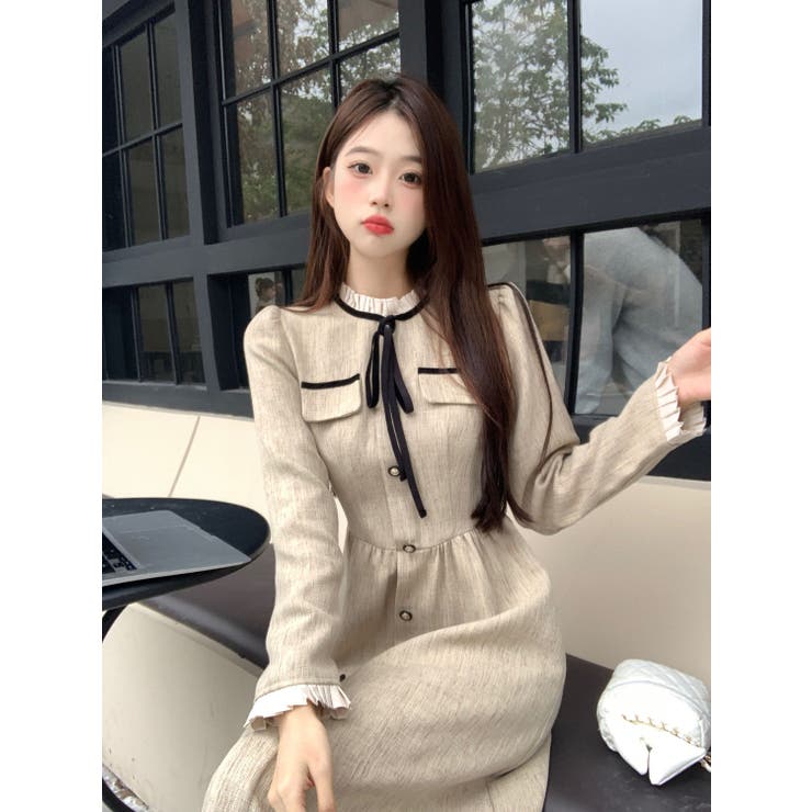 前ボタンスタンドカラーワンピース/リボン/袖＆衿フリル/見せポケ | LETee | 詳細画像4 