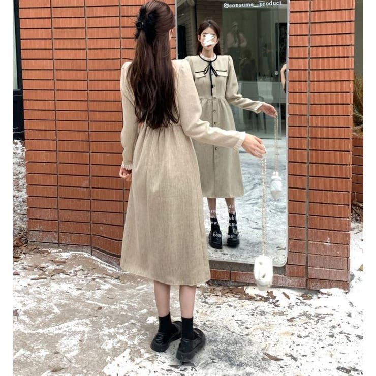 前ボタンスタンドカラーワンピース/リボン/袖＆衿フリル/見せポケ | LETee | 詳細画像7 