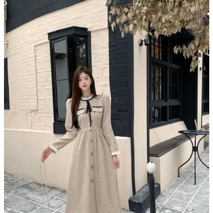 前ボタンスタンドカラーワンピース/リボン/袖＆衿フリル/見せポケ | LETee | 詳細画像8 