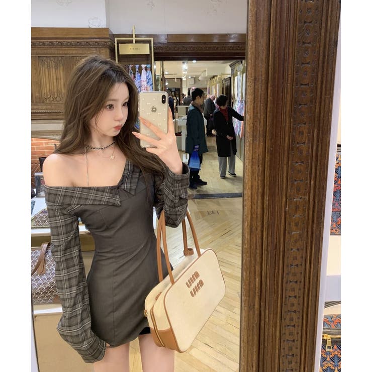 BROWN | えり付きドッキングワンピース/オフショルダー/チェック使い | LETee