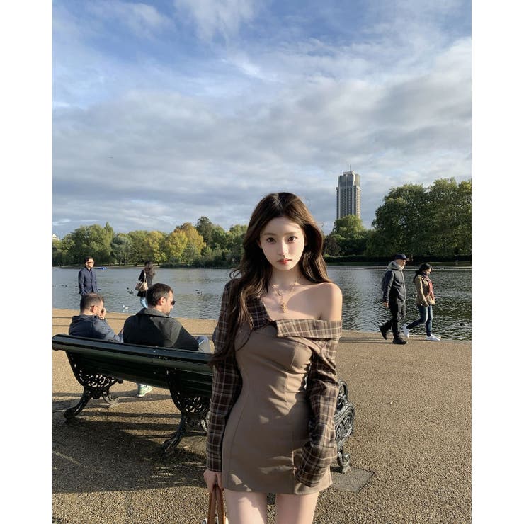 えり付きドッキングワンピース/オフショルダー/チェック使い | LETee | 詳細画像1 