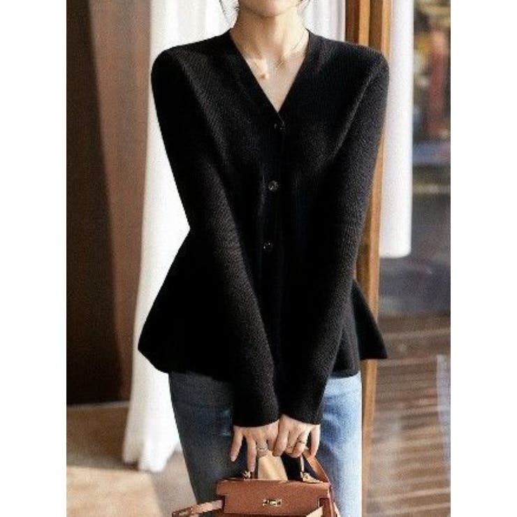 BLACK | ペプラムカーディガン/Vネックカーデ/ニット/スソフリル | LETee